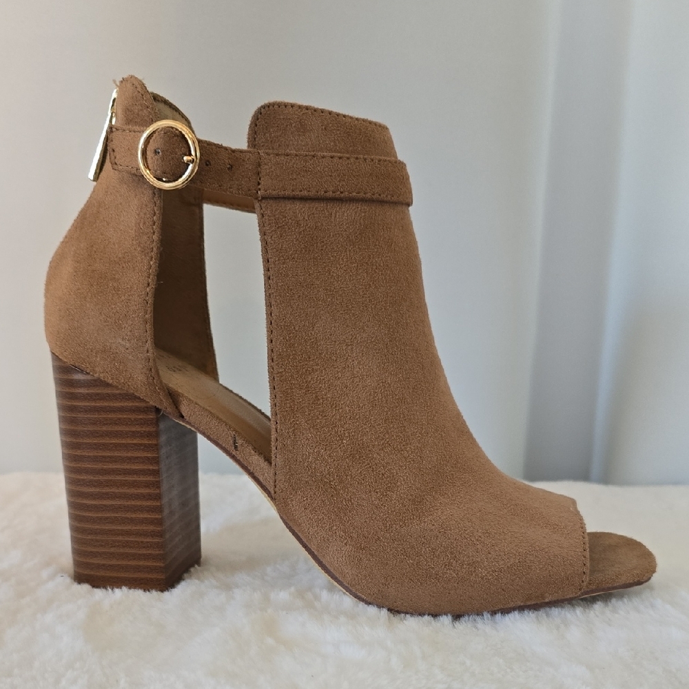 Tan Peep-Toe Heeled Boots
